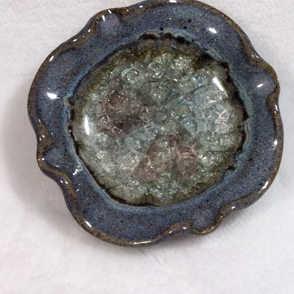 Studio Pottery Wavy‎ Edge Glazed Melted Crackled Glass Trinket Ring Dish Geode